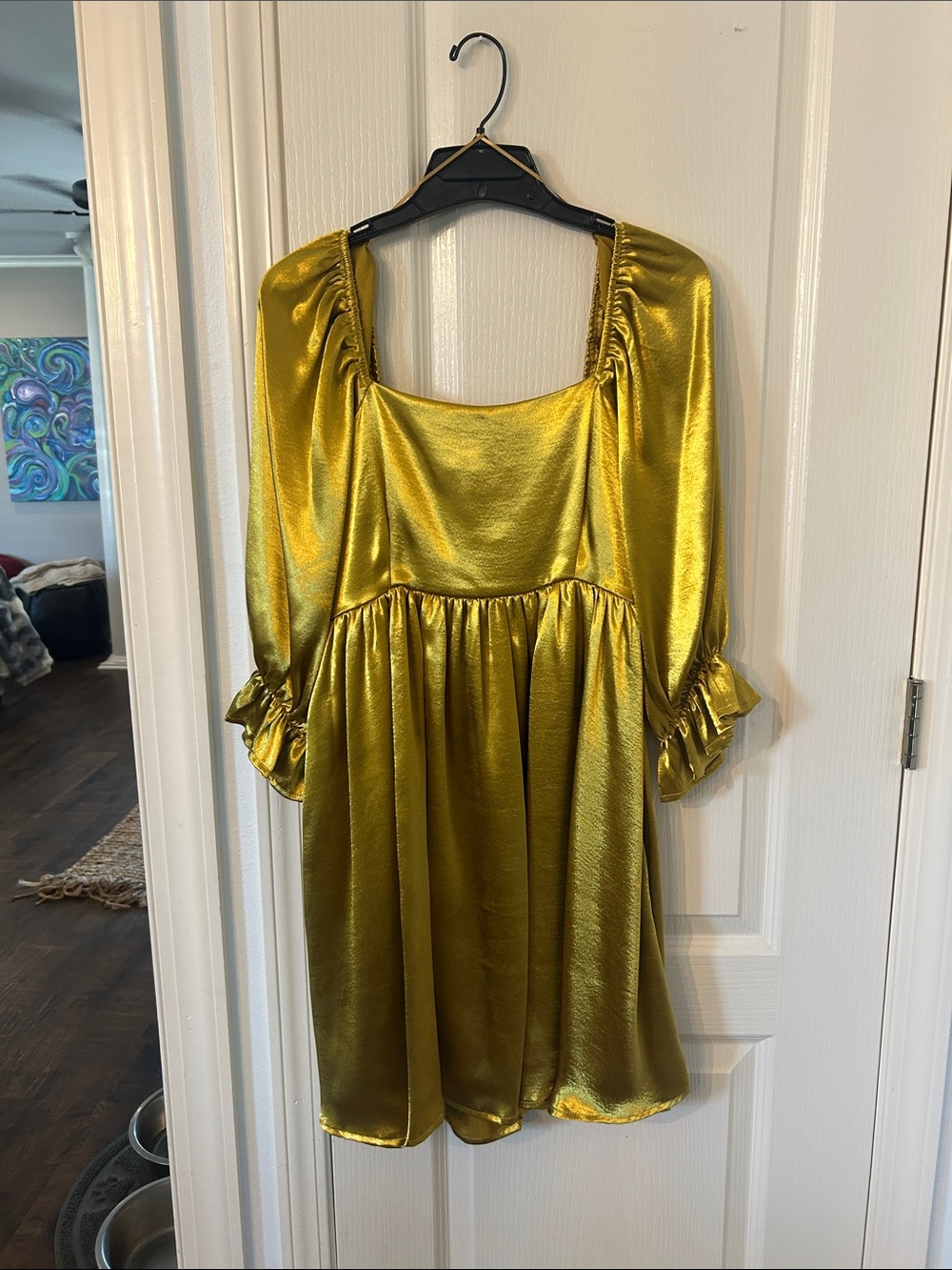 NWTEntro Gold Satin Puff-Sleeve Mini Dress